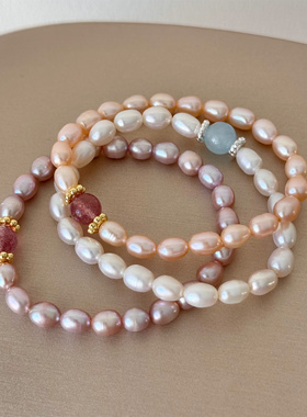 天然淡水珍珠米形手链女草莓晶