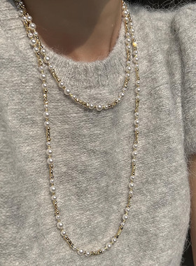 双层叠戴长款珍珠毛衣链