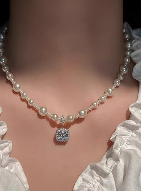 新款可拆锆石施家珍珠项链女轻奢小众高级感颈链毛衣链气质锁骨链