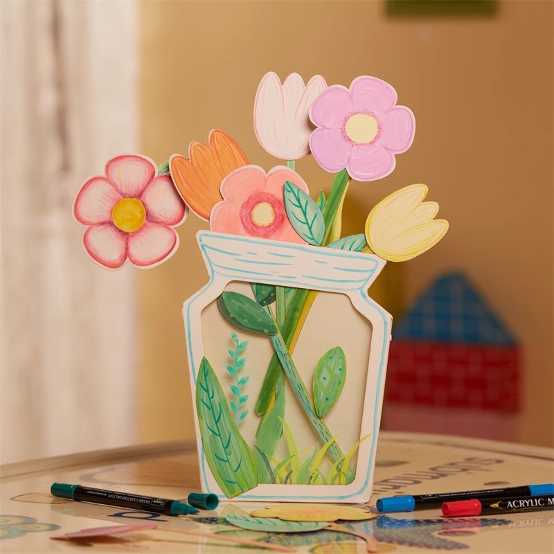 母亲节手工diy幼儿园儿童春天绘画纸质插花瓶涂色粘贴制作材料包 - 图0