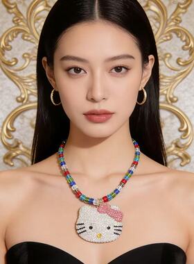 镶钻甜美少女粉色KT项链发圈轻奢气质设计精致配饰品