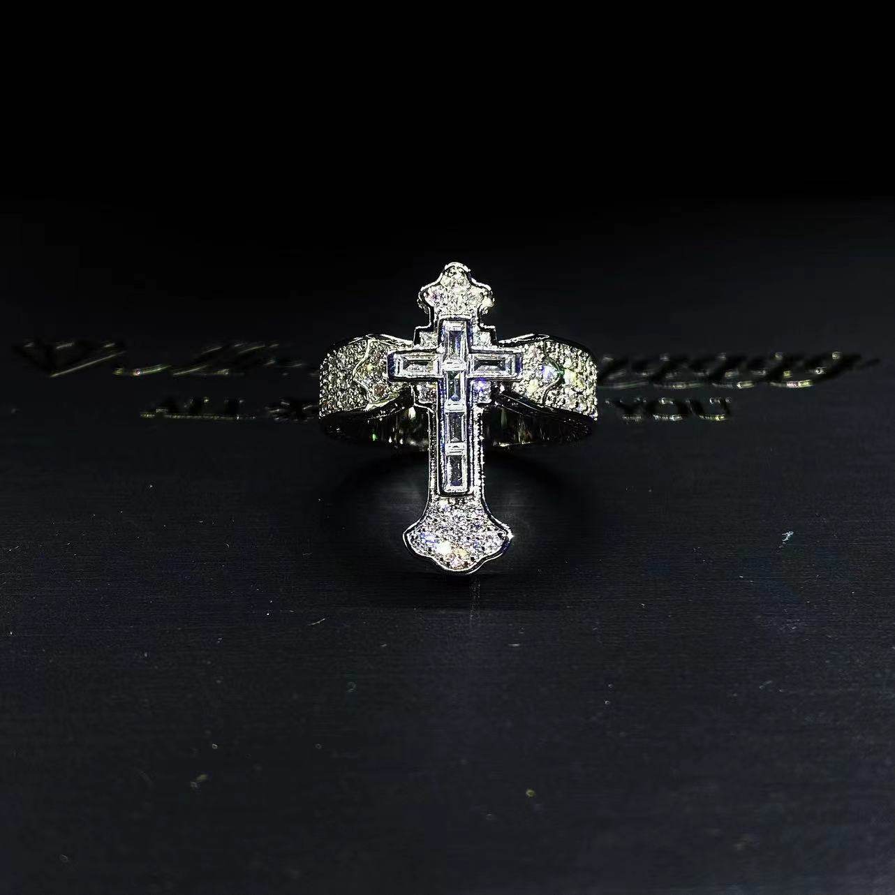 Mr.Blingggggg European and American hip-hop jewelry full diamond mixed inlay baguette diamond cross rap ring