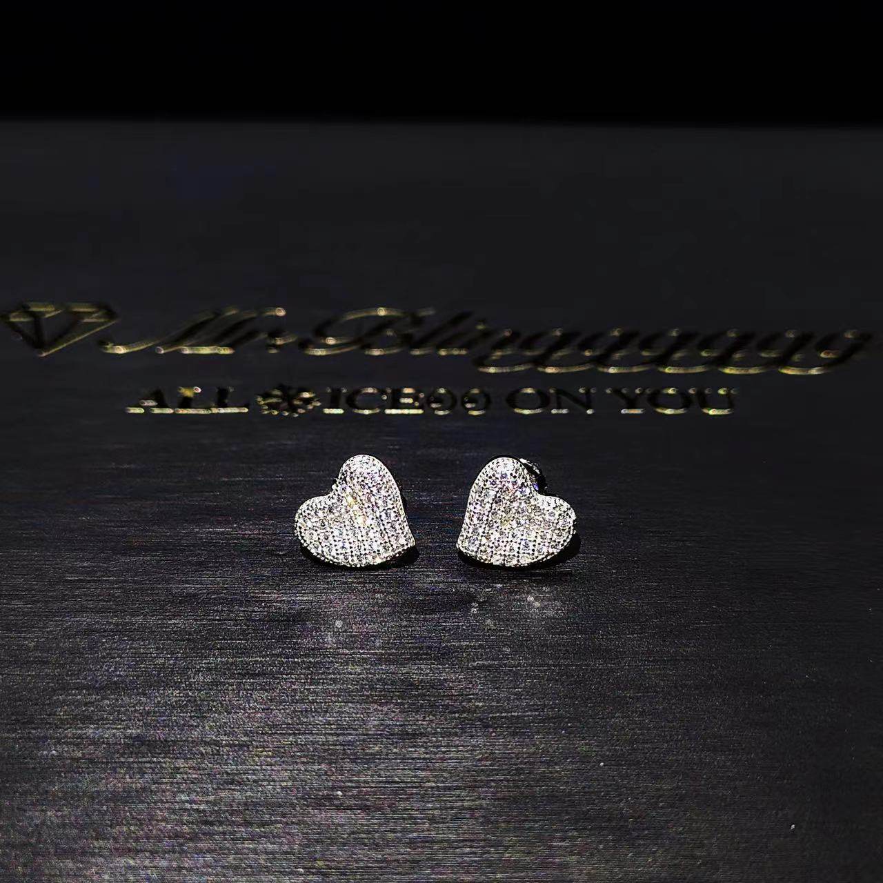 Mr.Blingggggg European and American hip-hop jewelry S925 sterling silver full diamond heart shape couple earrings and ear pins