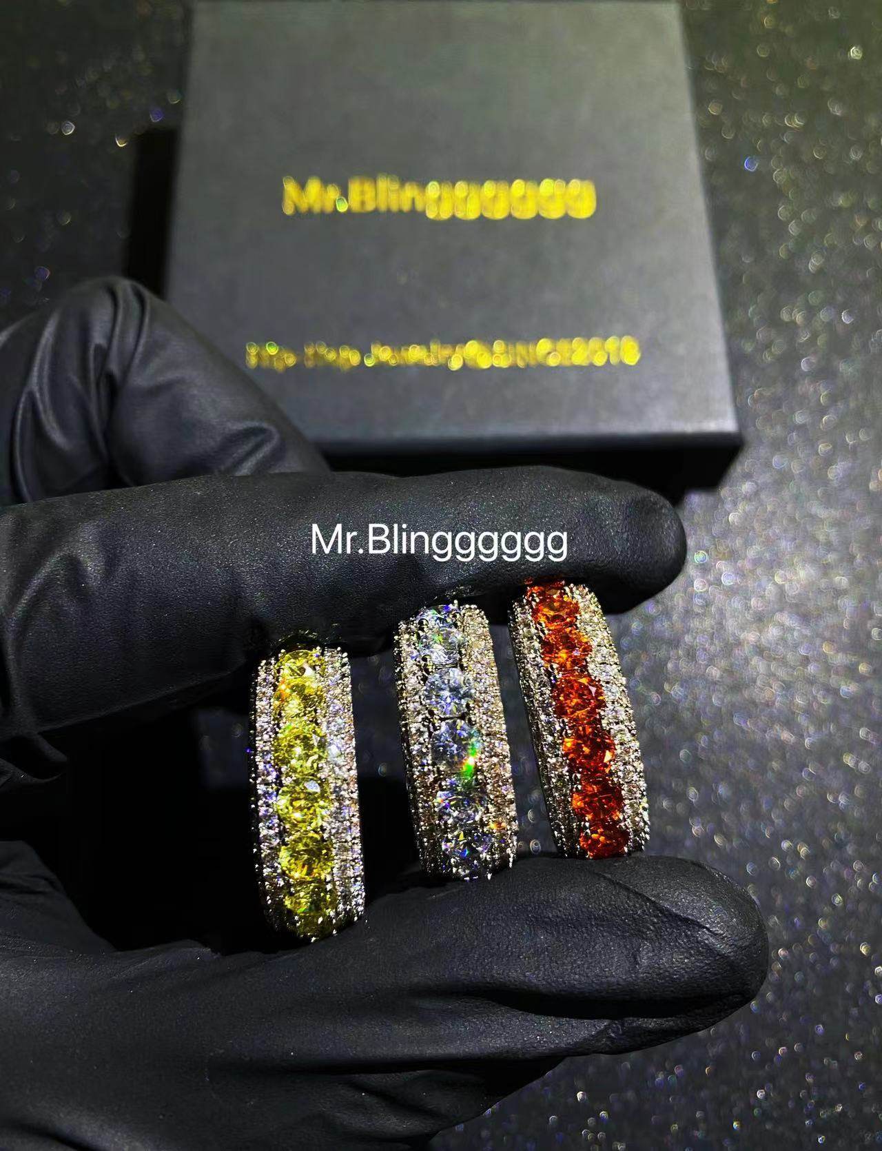 Mr.Blingggggg European and American hip-hop jewelry colored diamond five-row mixed mosaic basic full diamond ring