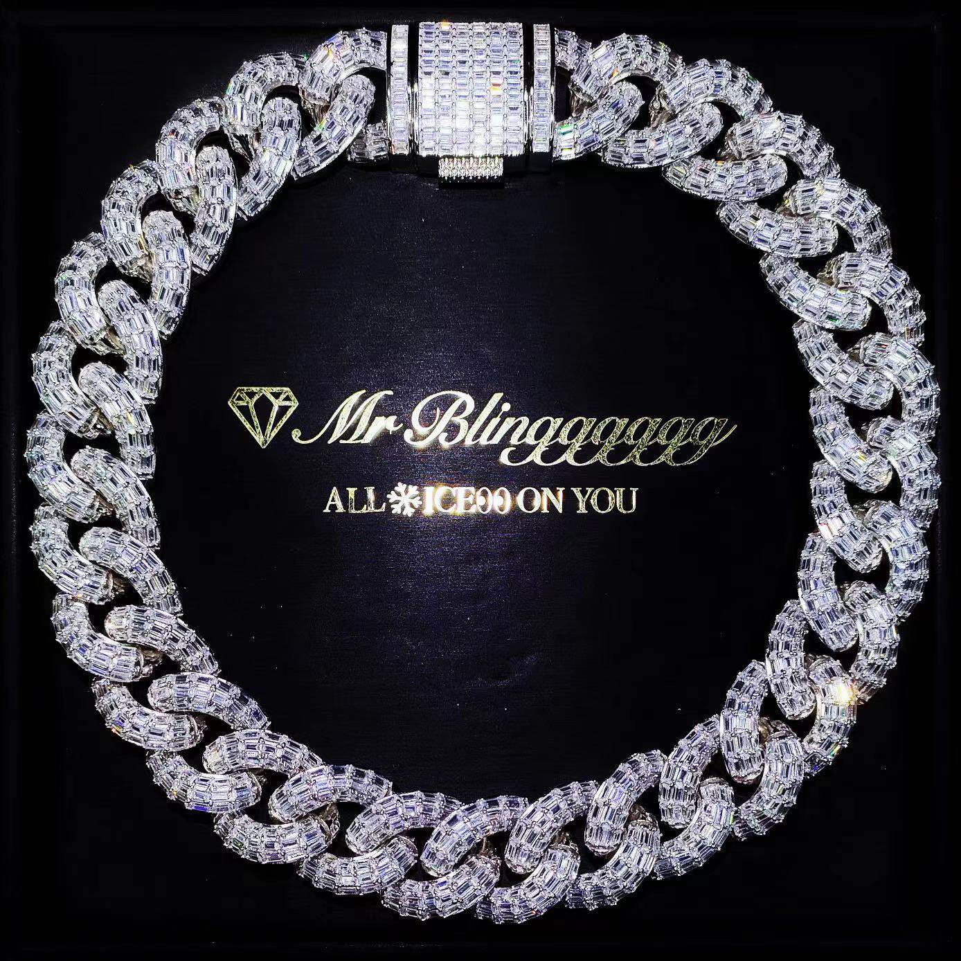 Mr.Blingggggg European and American hip-hop jewelry privately customized 25mm fully inlaid pure baguette diamond Cuban chain