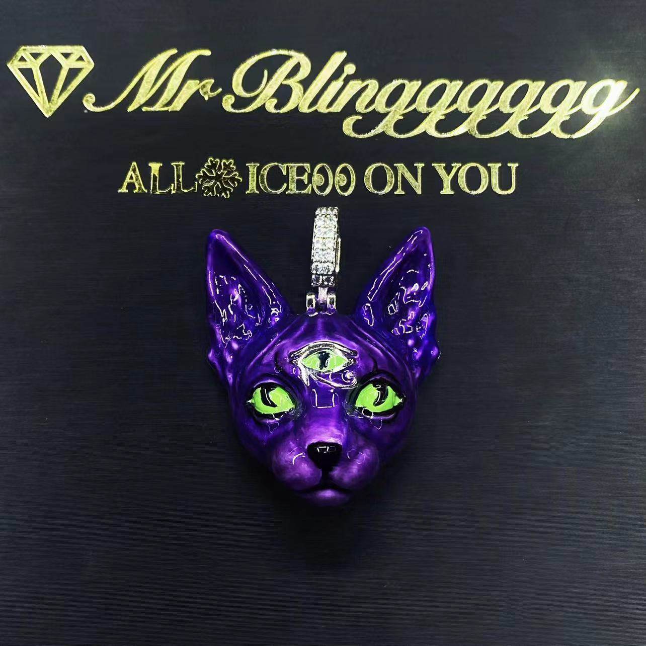 Mr.Blingggggg European and American hip-hop jewelry green and purple sphinx cat heavy enamel hand-painted pendant