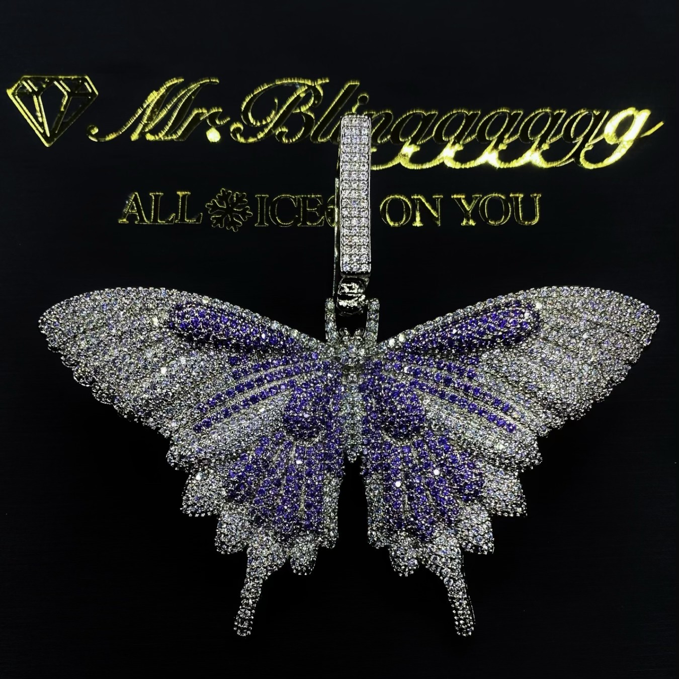 Mr.Blingggggg European and American hip-hop jewelry full diamond unisex white and purple Isabel butterfly pendant