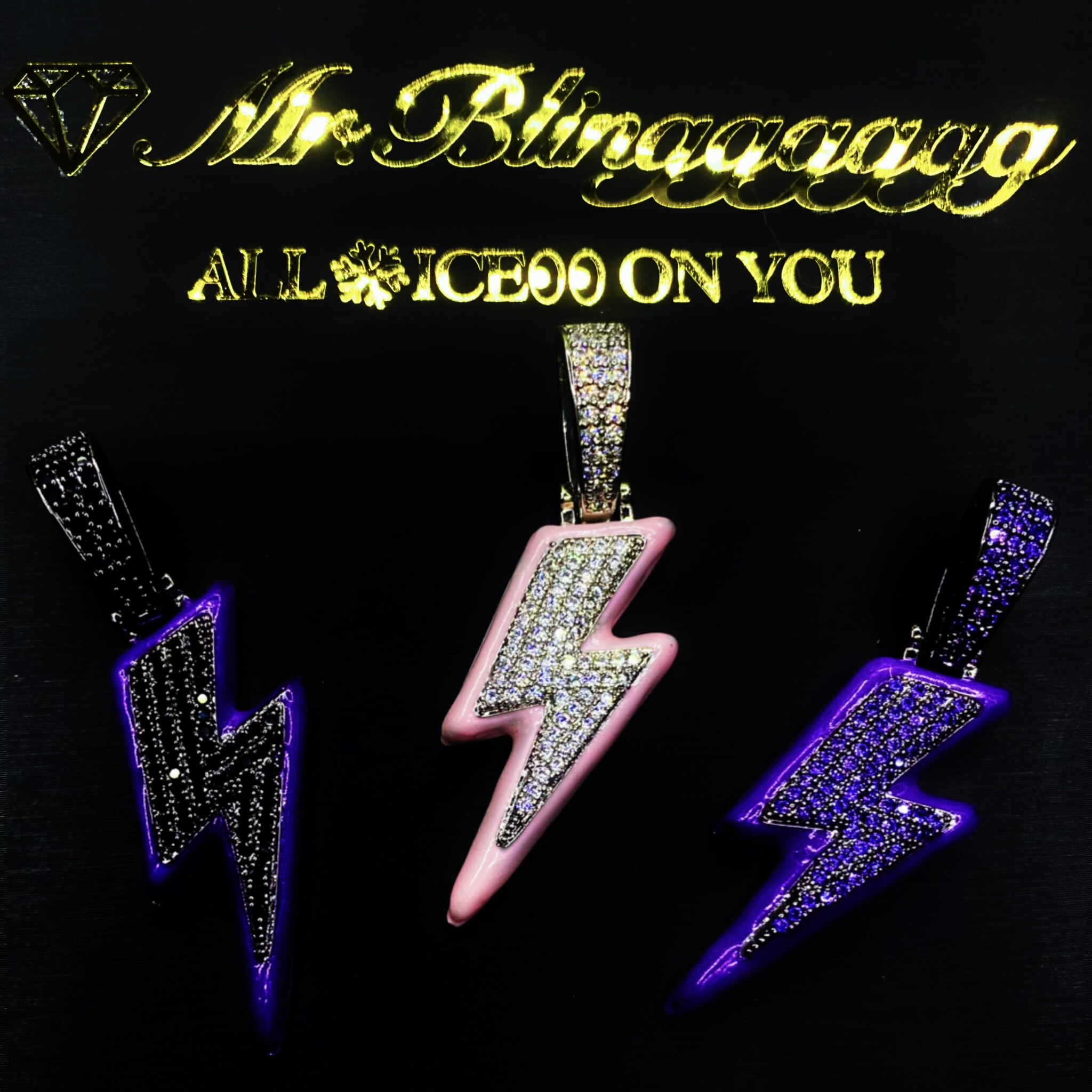 Mr.Blingggggg European and American hip-hop jewelry solid luminous full diamond color oil dripping lightning couple pendant