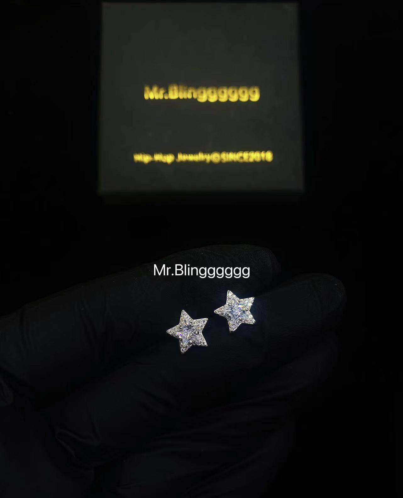 Mr.Blingggggg European and American hip-hop jewelry S925 sterling silver full diamond mixed inlaid five-pointed star diamond earrings