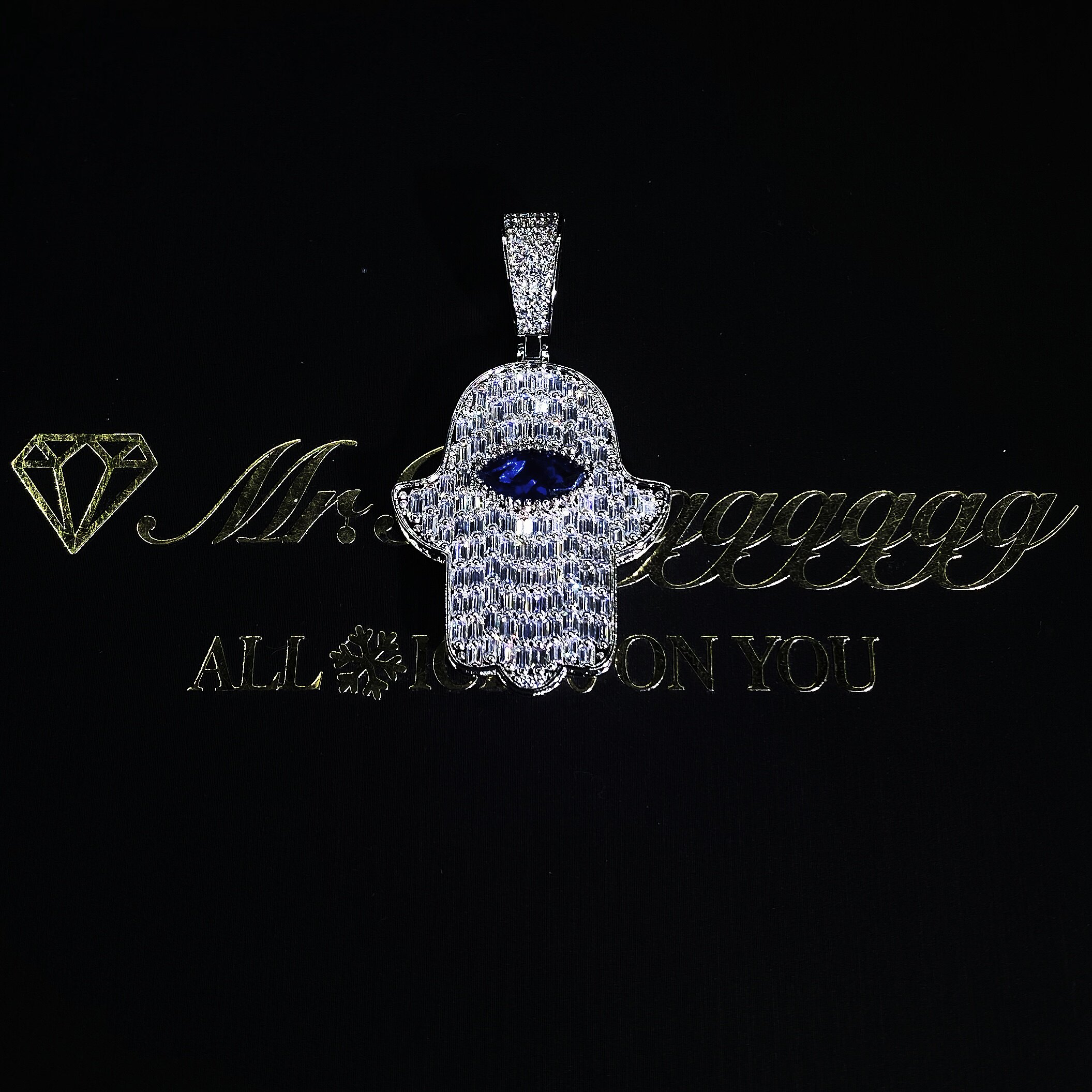 Mr.Blingggggg European and American hip-hop jewelry ins same style square diamond full diamond blue eye Fatima pendant