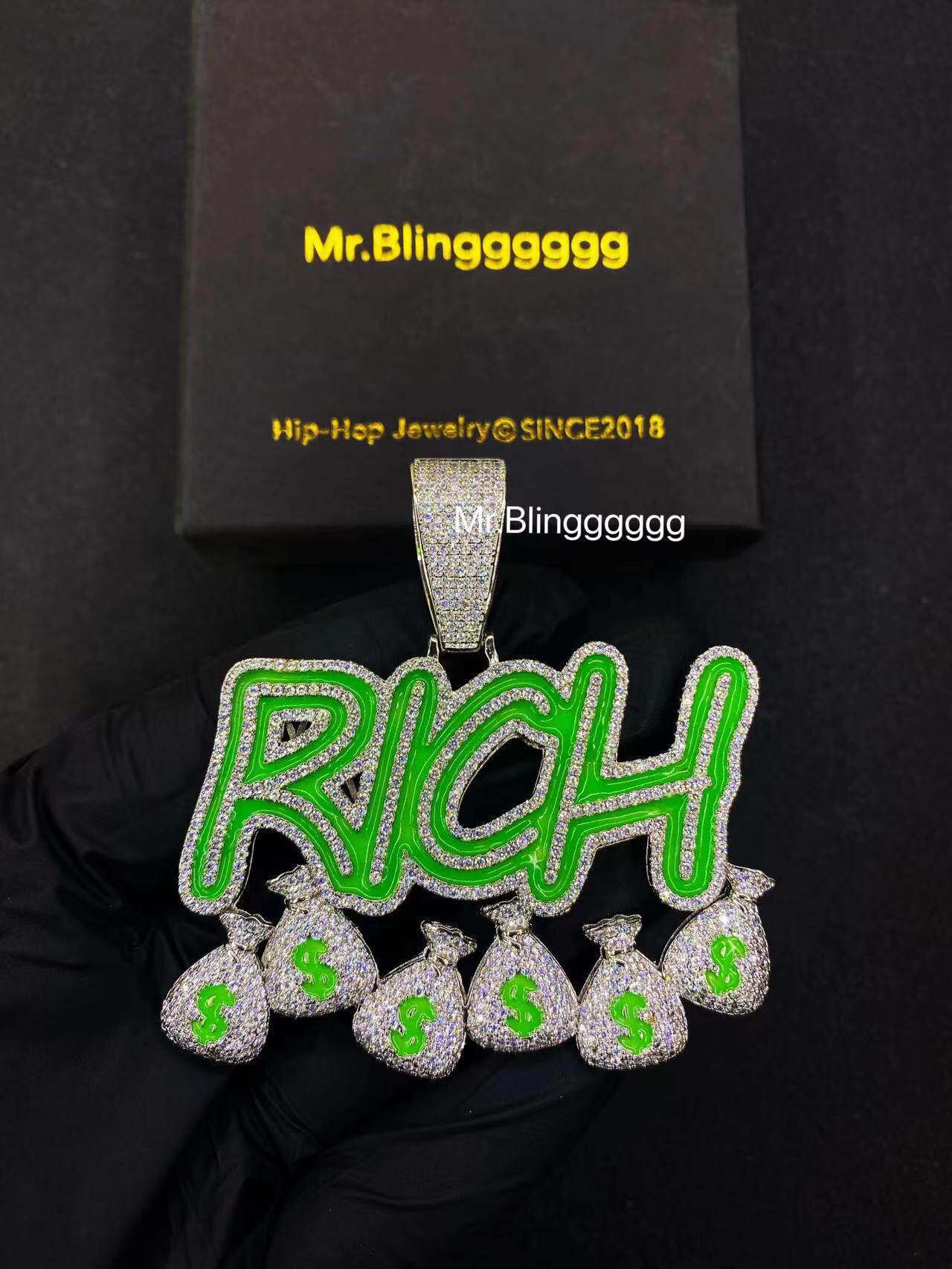 Mr.Blingggggg European and American hip-hop jewelry green luminous drip oil full diamond letters RICH money bag pendant
