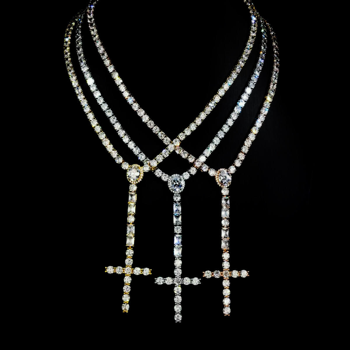Mr.Blingggggg European and American hip-hop jewelry full diamond mixed mosaic couple's rosary cross necklace
