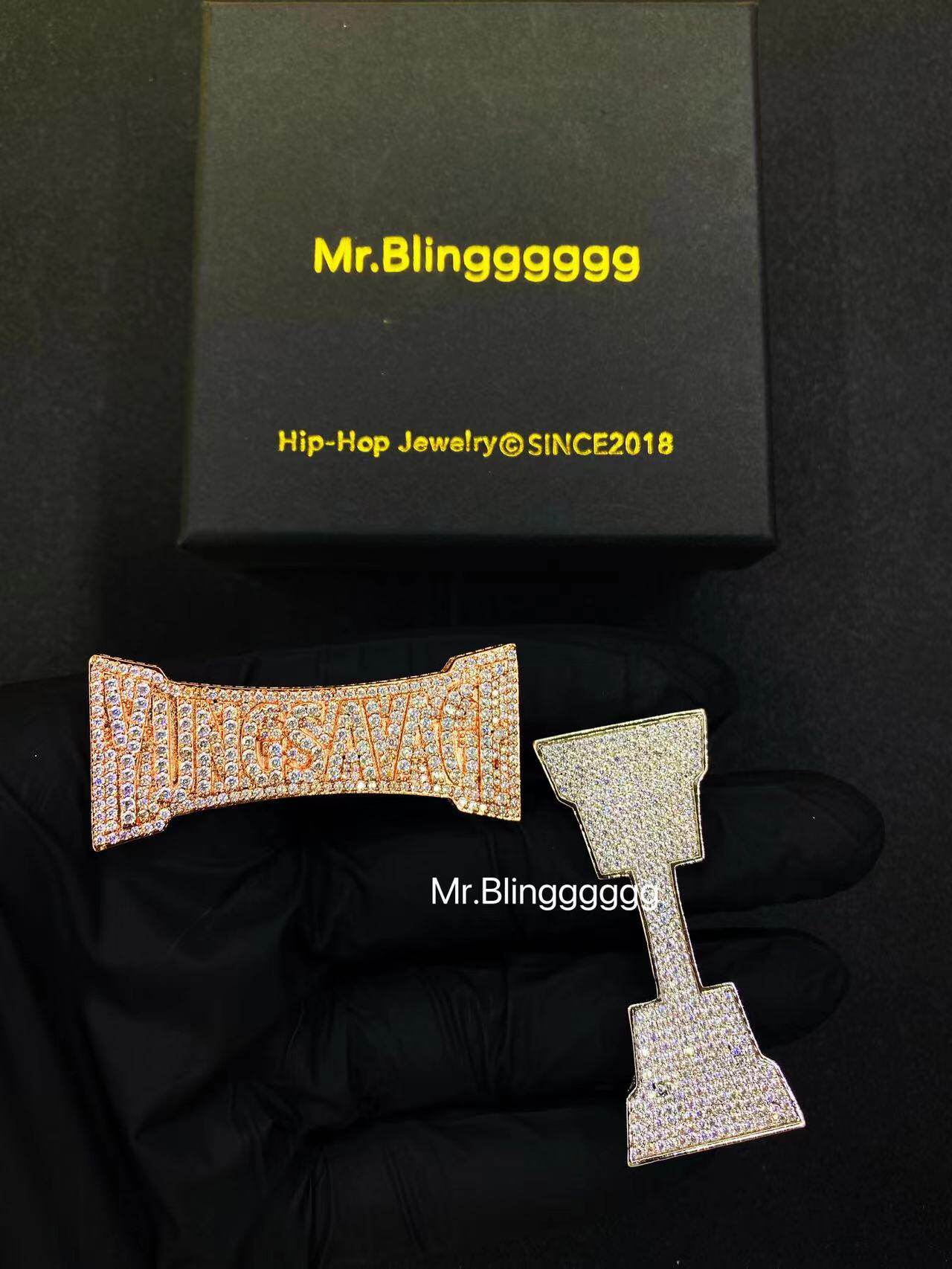 Mr.Blingggggg European and American hip-hop jewelry privately customized mixed color full diamond two-finger one-piece pendant ring