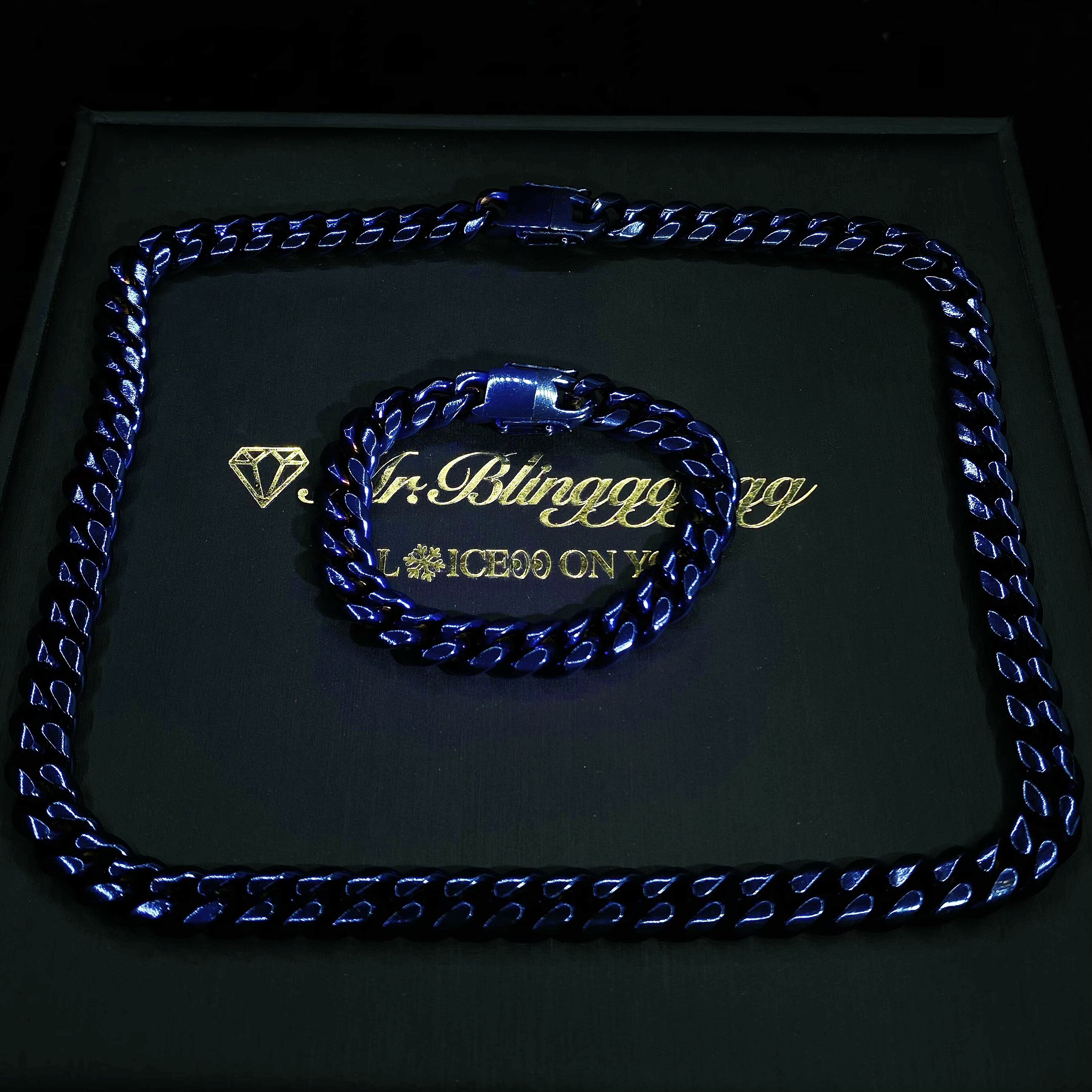Mr.Blingggggg European and American hip-hop jewelry 10mm stainless steel non-fading blue electroplated couple style Cuban chain