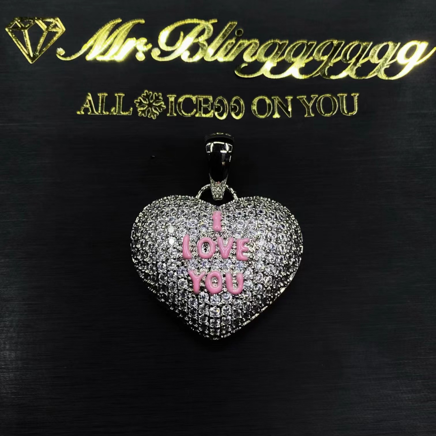 Mr.Blingggggg European and American hip-hop jewelry I LOVE YOU couple oil-dropping letters full of diamond love pendant