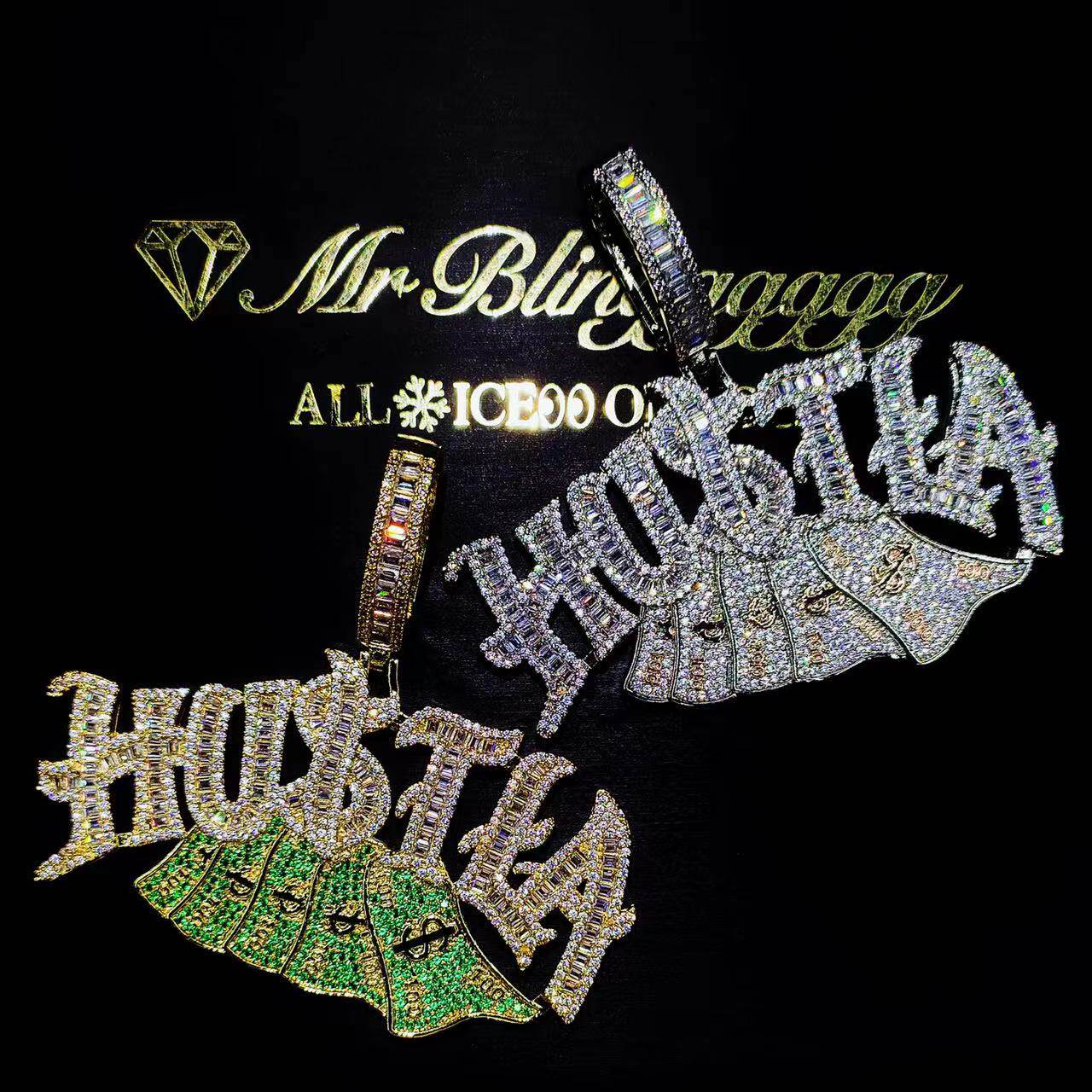 Mr.Blingggggg European and American hip-hop jewelry, full diamond mixed inlaid HUSTLA letter banknote rap pendant