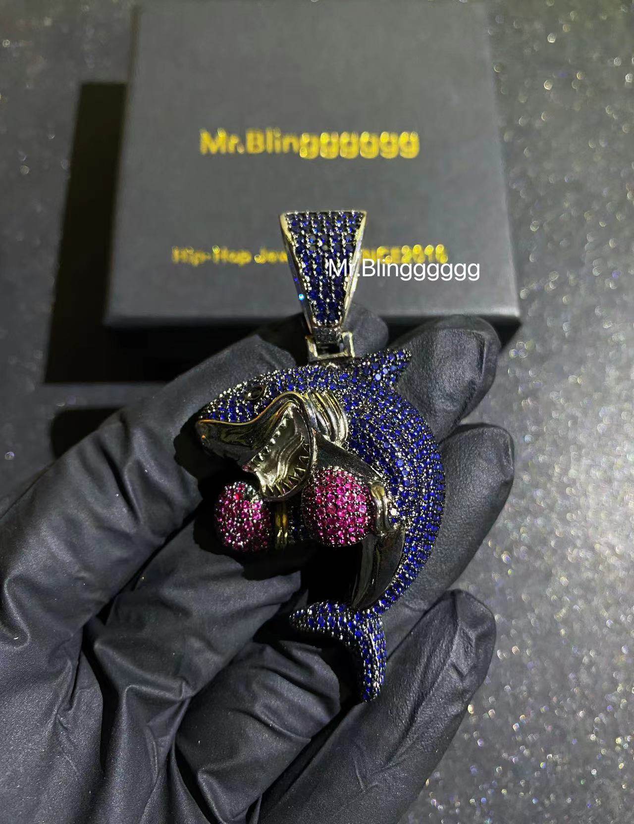 Mr.Blingggggg European and American hip-hop jewelry full of diamonds blue and purple gloves shark boxing pendant rap necklace