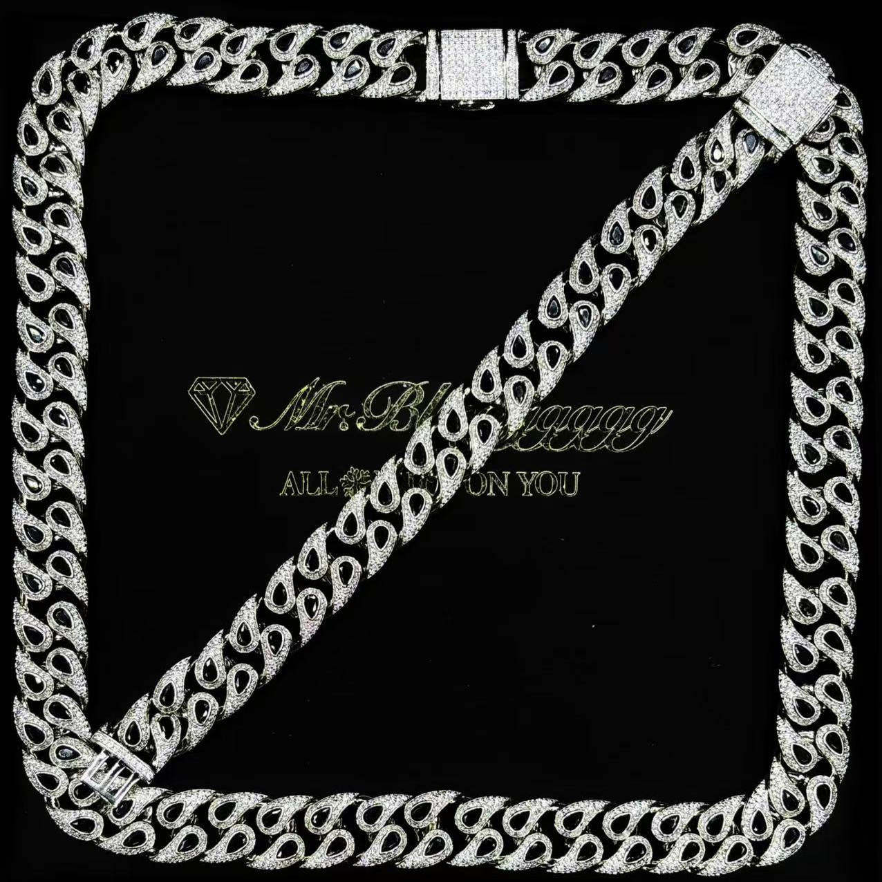 Mr.Blingggggg European and American hip-hop jewelry customized full diamond black water drop cashew flower rap Cuban chain