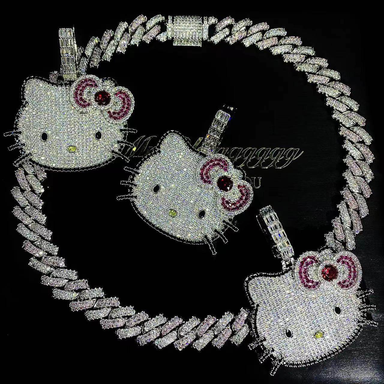 Mr.Blingggggg European and American hip-hop jewelry full of diamonds for couple girls pink and white hello kitty pendant