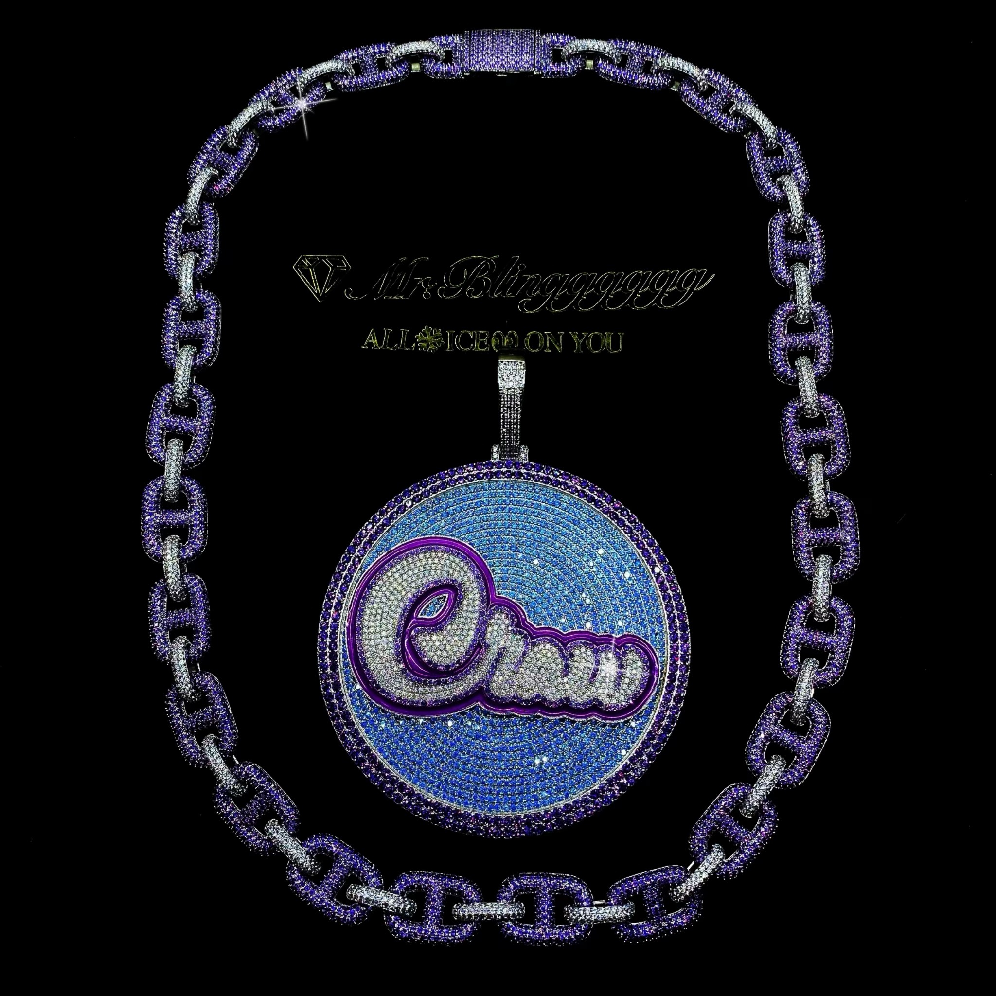 Mr.Blingggggg European and American hip-hop jewelry privately customized blue and purple luminous letter disc pig nose necklace