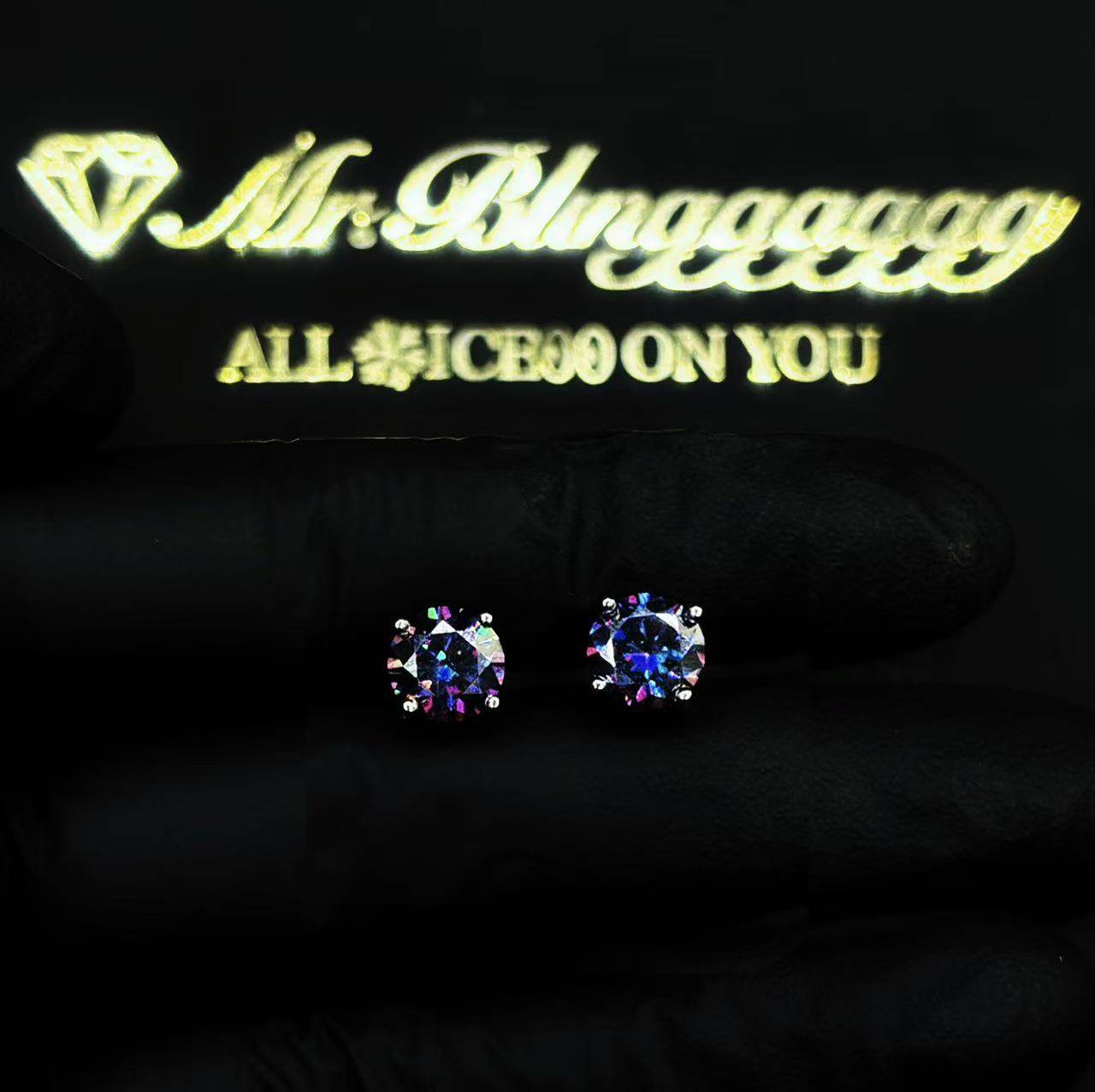 Mr.Blingggggg European and American hip-hop jewelry S925 silver single diamond four-prong moissanite colorful purple couple earrings