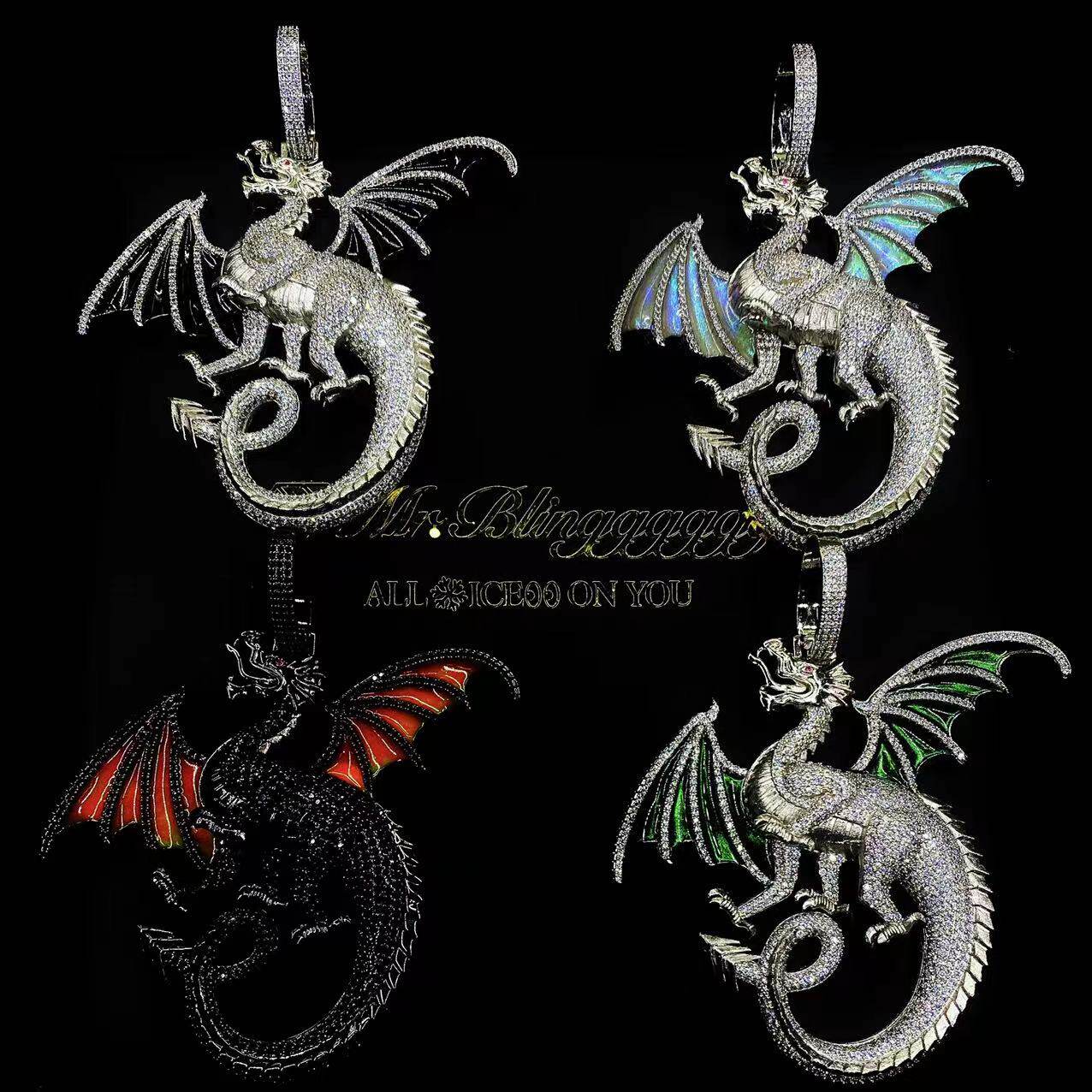 Mr.Blingggggg European and American hip-hop jewelry four-color full diamond Chinese dragon enamel hand-painted wings domineering pendant