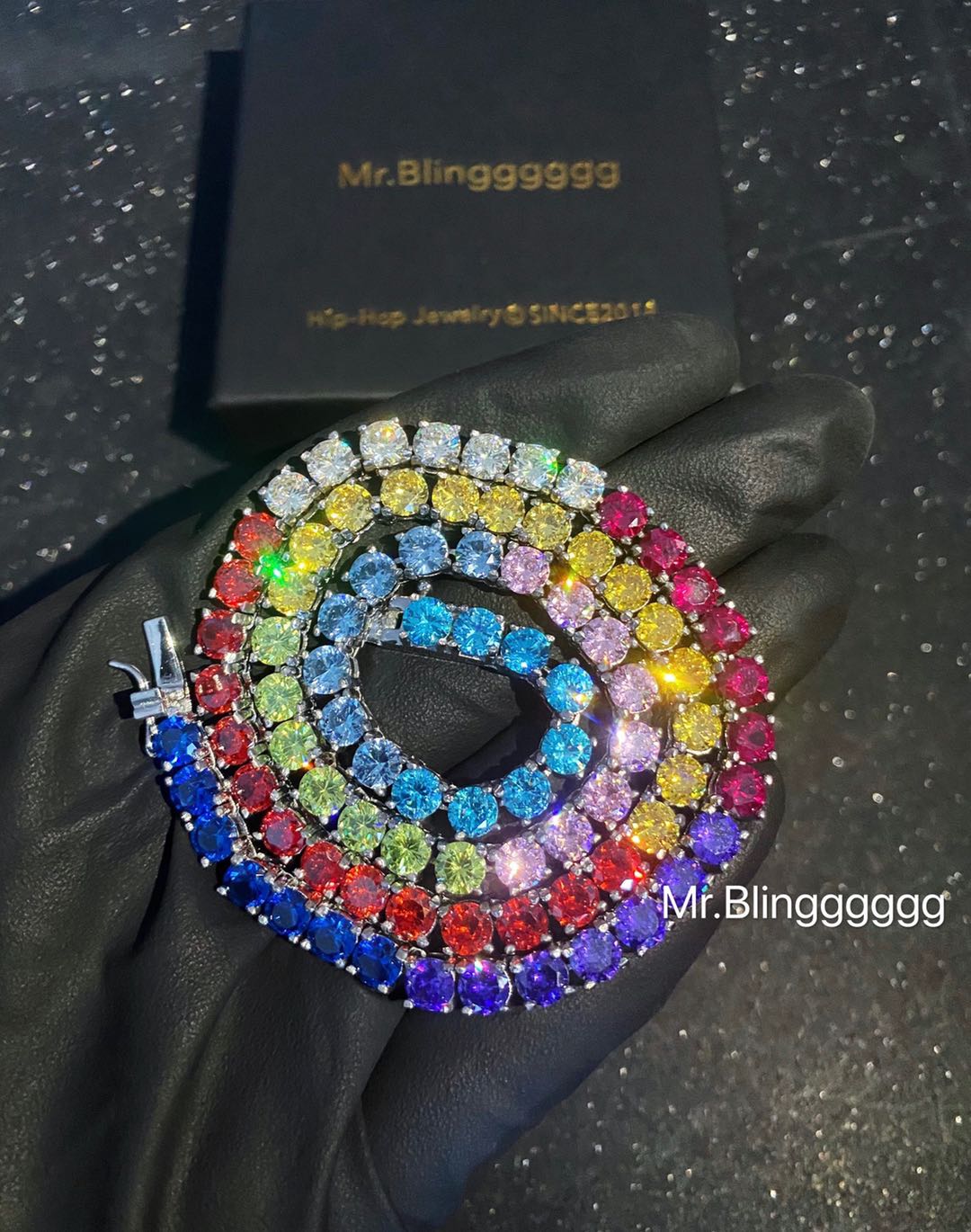 Mr.Blingggggg European and American hip-hop jewelry rainbow-colored customized tennis chain TENNIS diamond bracelet necklace