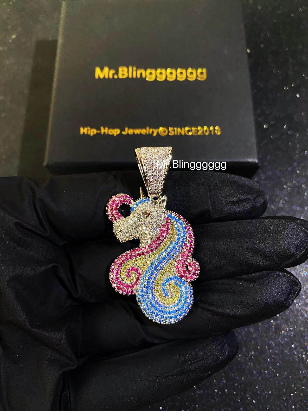 Mr.Blingggggg European and American hip-hop jewelry, solid diamond-filled colorful unicorn cute pendant