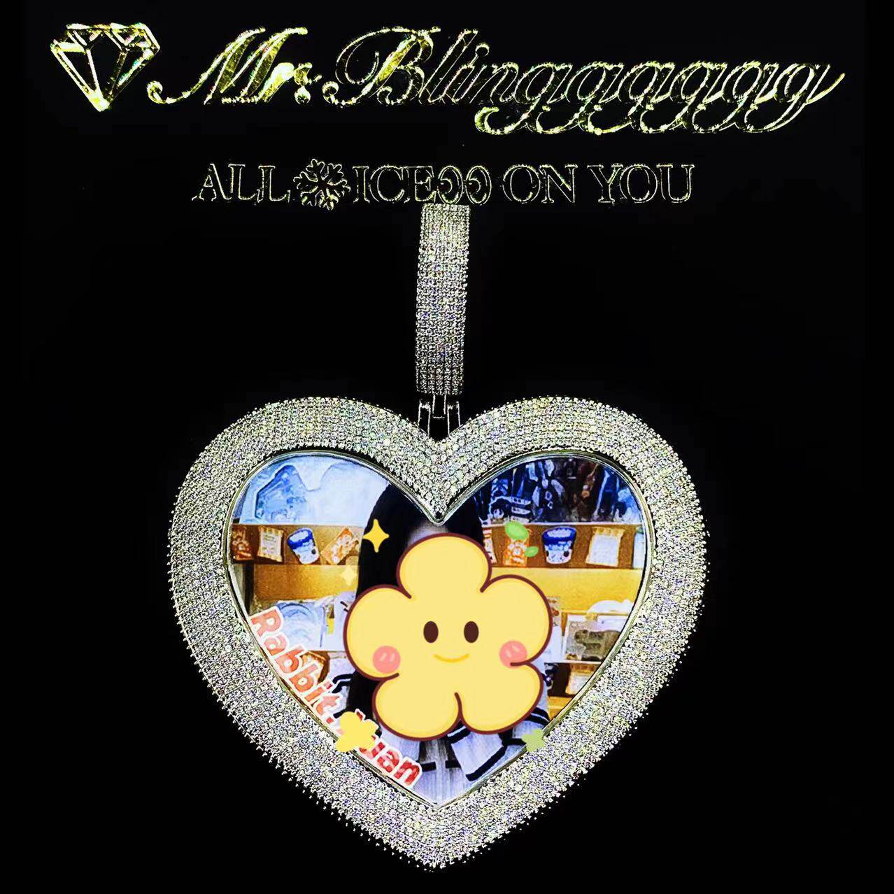 Mr.Blingggggg European and American hip-hop jewelry, couple customized diamond-filled love photo frame pendant with interchangeable photos