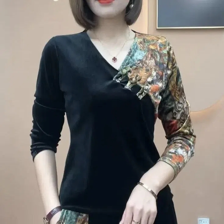 高档金丝绒长袖民族风盘扣旗袍裙大码洋气质中年妈妈装显瘦两件套 - 图0