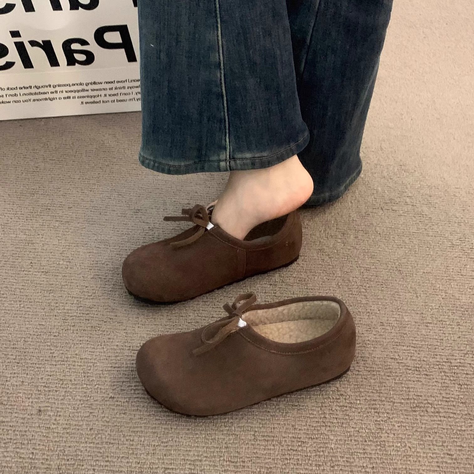 晚晚风平底豹纹加绒勃肯鞋女2025冬季新款一脚蹬丑萌深口豆豆棉鞋,淘宝优惠券,粉丝福利购,淘宝优惠卷