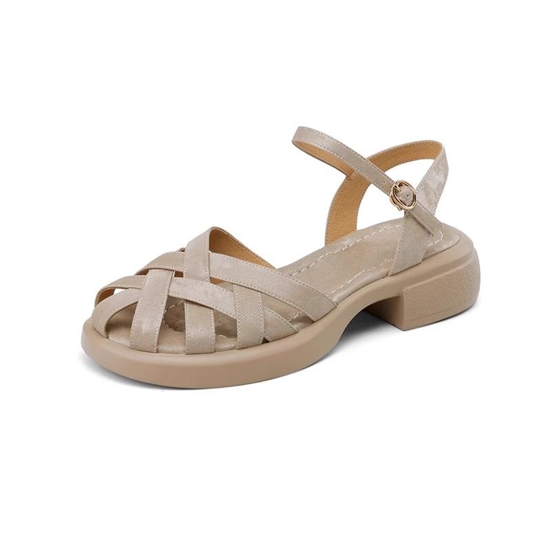 真皮包头凉鞋女新款夏季女鞋镂空编织猪笼鞋不累脚法式粗跟高跟鞋,淘宝优惠券,粉丝福利购,淘宝优惠卷