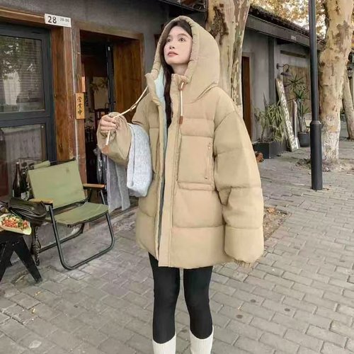 连帽中长款羽绒服女冬宽松加厚保暖面包服外套大码女装 - 图1