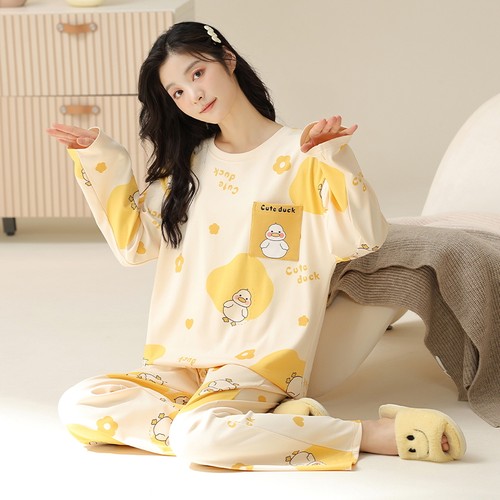 春秋季睡衣女薄款大码自带胸垫一体长袖套装冬夏款学生宽松家居服 - 图1