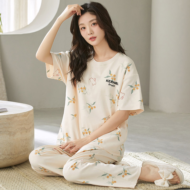 夏季短袖睡衣套装自带胸垫一体女家居服春秋天大码学生可外穿长裤,淘宝优惠券,粉丝福利购,淘宝优惠卷