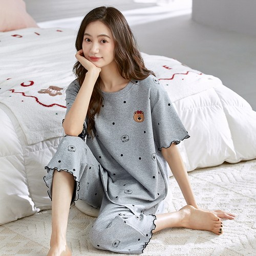夏季短袖睡衣套装自带胸垫一体大码女防凸点家居服宽松韩版可外穿 - 图1