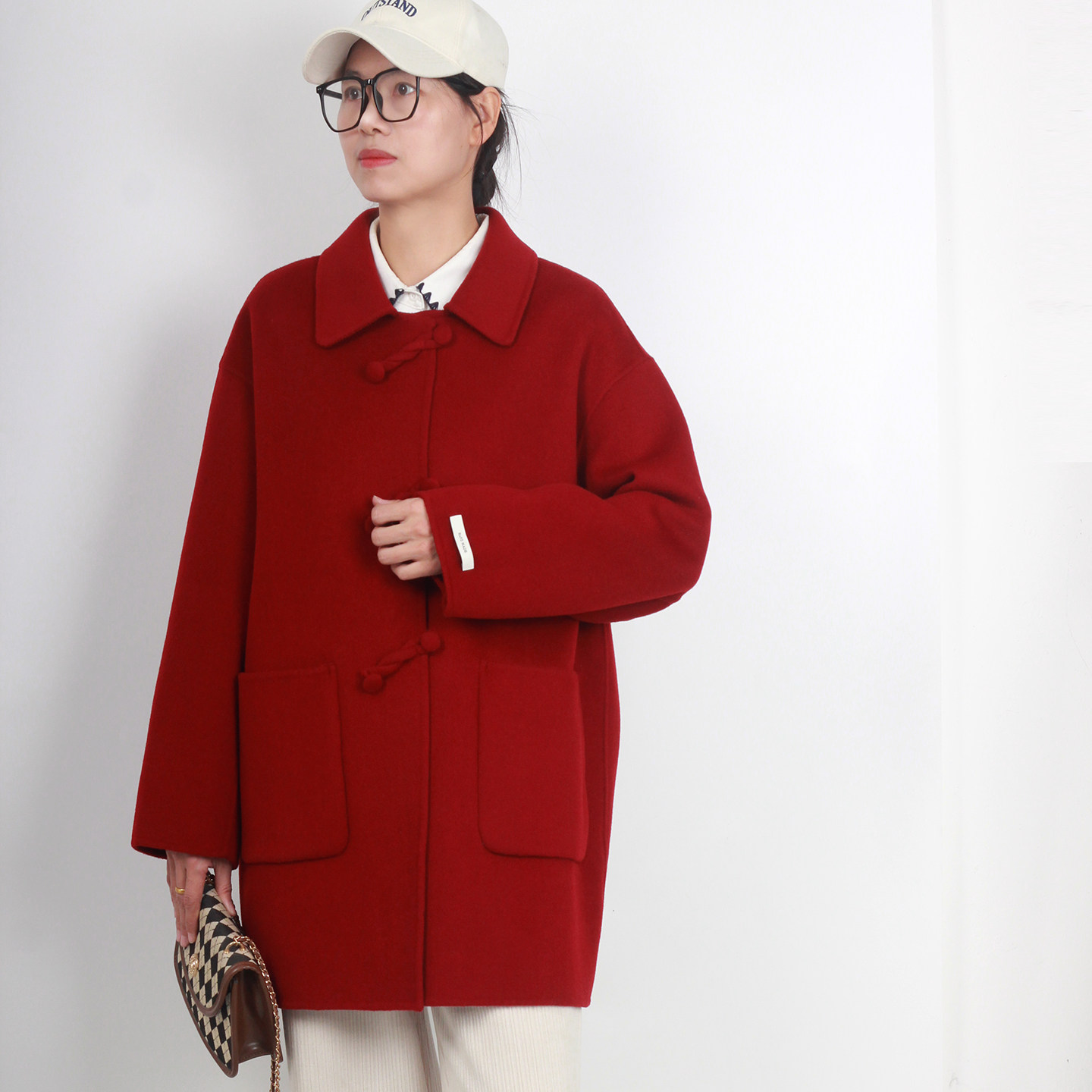 显瘦大码双面羊绒大衣女装国风复古200斤中年毛呢外套酒红色胖mm,淘宝优惠券,粉丝福利购,淘宝优惠卷