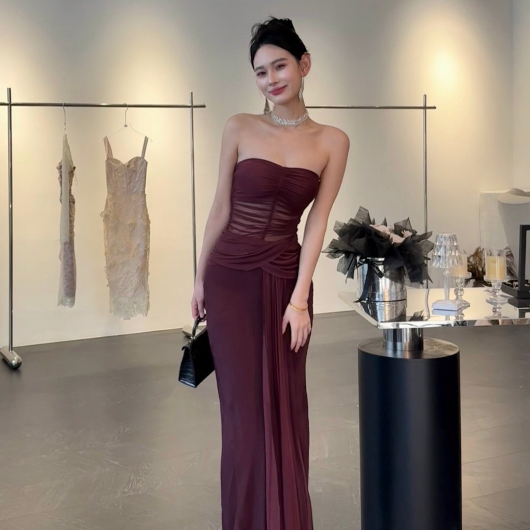 【JINGGUO轻奢】小众设计感抹胸收腰褶皱飘带性感礼服连衣裙7299a,淘宝优惠券,粉丝福利购,淘宝优惠卷