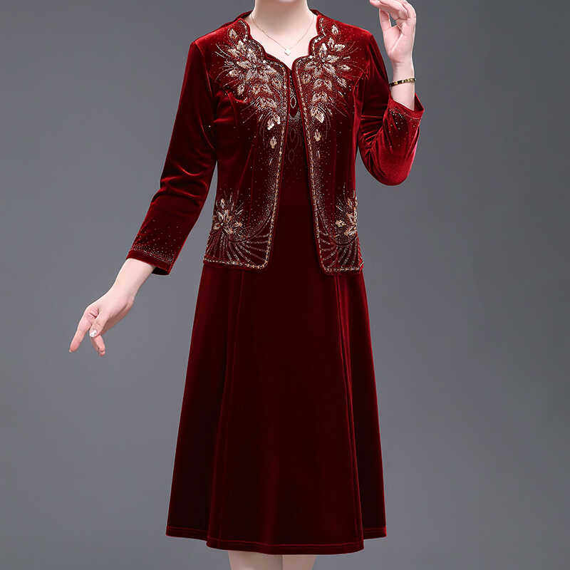 喜婆婆婚宴装中年妈妈结婚气质优雅礼服秋冬金丝绒两件套装连衣裙