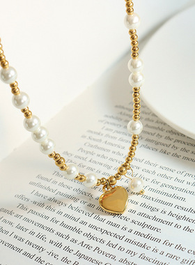 希腊不掉色守护甜心复古仿珍珠拼接钢珠吊坠爱心项链跨境钛钢