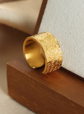 创意浮雕几何开口戒指钛钢18k金不掉色小众设计男款潮男气质指环