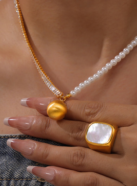 INS风个性铜材质微镶锆石拼接贝珠串珠项链轻奢几何圆球吊坠饰品