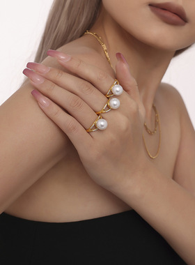 梦幻手工镶嵌锆石仿珍珠戒指女款小众侧边开口高版质感不掉色饰品