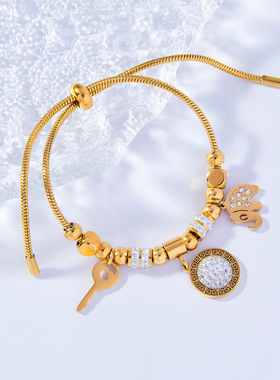 欧美跨境多元素配饰几何钛钢镀金镶钻抽拉绳手链时尚百搭个性饰品