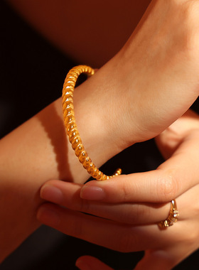 跨境欧美螺纹手镯钛钢镀18k真金开口可调节小众潮流首饰品女