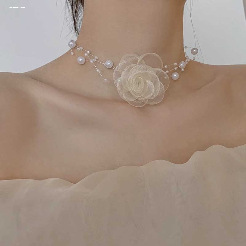 森系珍珠花朵流苏项链女夏季轻奢小众设计锁骨链高级感精致颈链-图2
