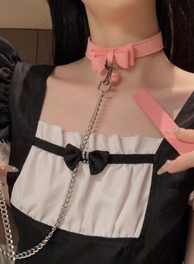 主人很喜欢~软妹蝴蝶结皮革项圈脖环 带铃铛狗链项链女组合ins风