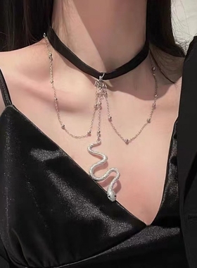 解构设计绳结流苏项链颈链拼接蛇骨链条钻锁骨链年会女