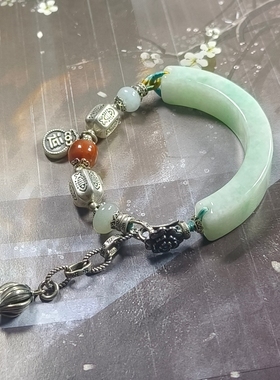 天然A货翡翠缅料白底青半镯925银饰手工原创设计手链新中式国风