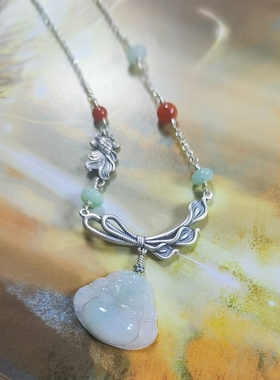 天然A货翡翠缅料漂花佛公吊坠925银配饰手工设计锁骨链中式百搭